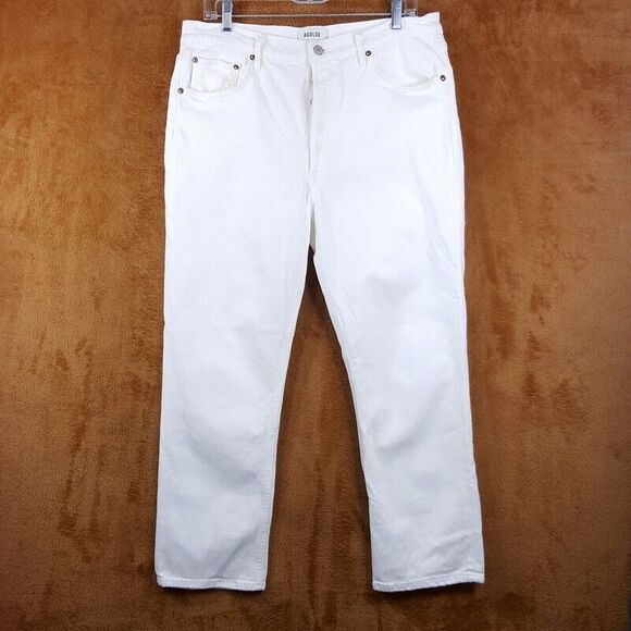 AGOLDE Womens Jeans Size 32 White Wash Straight Button Fly Stretch RILEY CROP